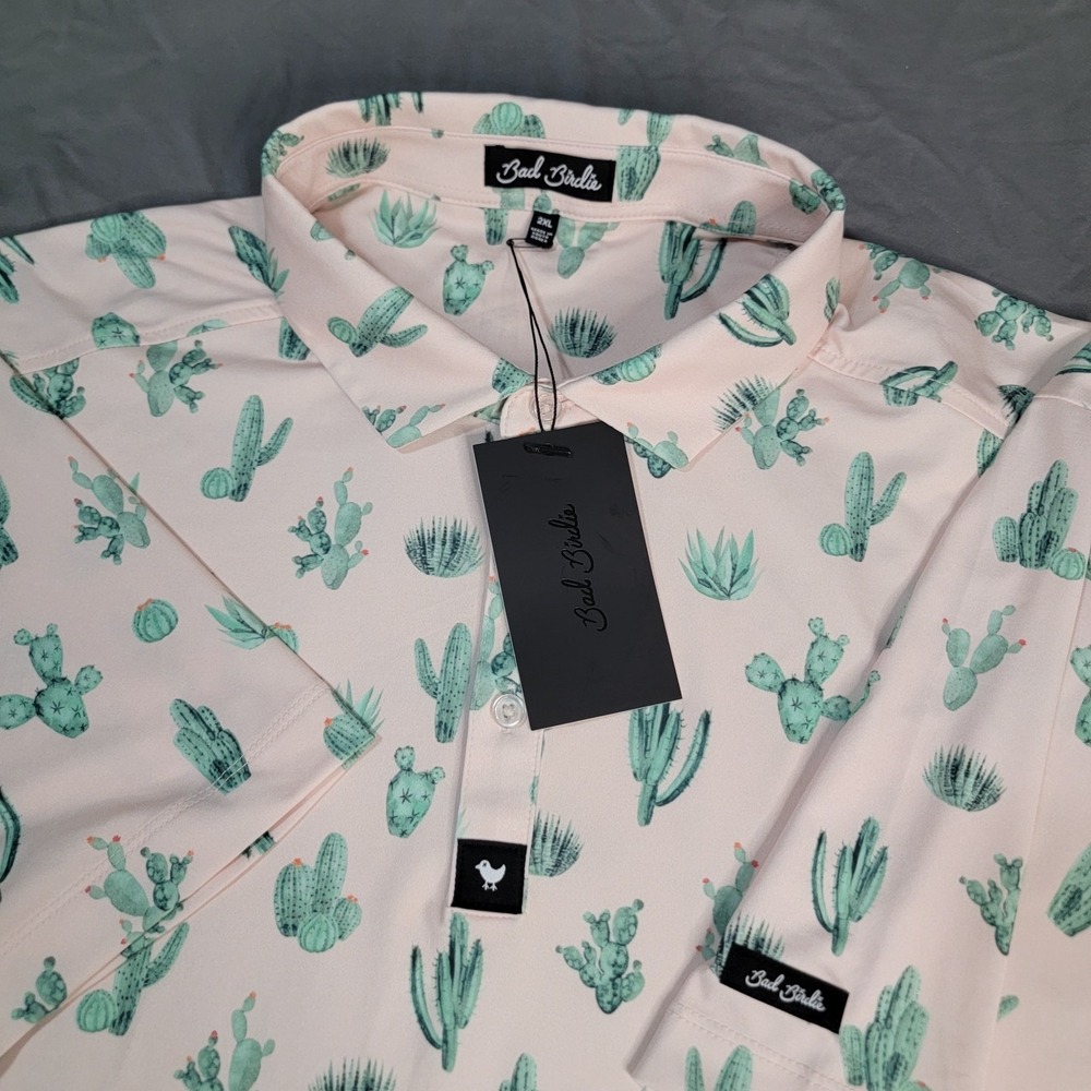 New Bad Birdie Polo Men's Large Multicolor Short Sleeve Cactus All Over Print